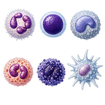 Set of different types of human white blood cells, immune system leukocytes illustration.