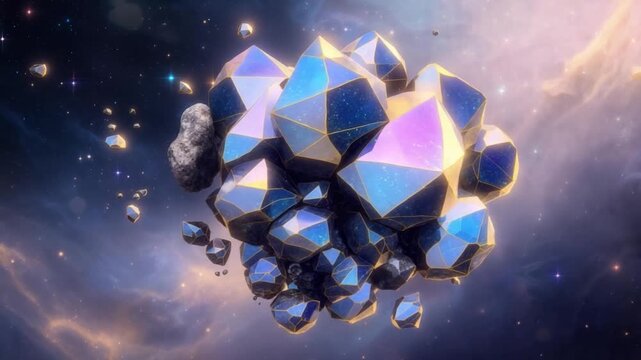 Floating geometric crystal formation with a gold trim against a cosmic starry nebula