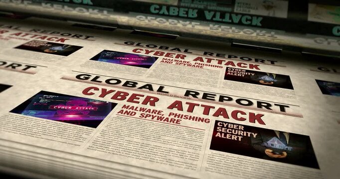 Cyber attack breaking news vintage print machine. Digital warfare and hybrid war title headline newspaper printing house. Information paper media looped animation.
