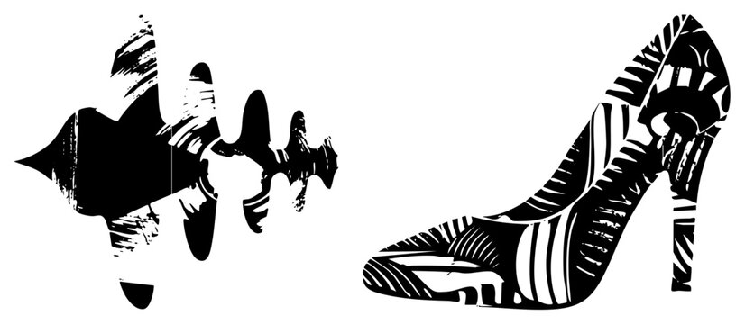Fashionable stiletto heel shoe with bold brushstroke textures, graphic silhouette, modern art design, footwear illustration, bold black and white contrast.