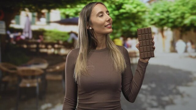 Woman blonde hispanic holding a large chocolate bar with raised hand and smile while standing in a busy street cafe outdoors, chairs visible; delight.
