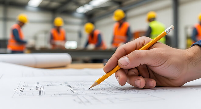 Construction engineers reviewing architectural blueprints at job site with safety gear and helmets
