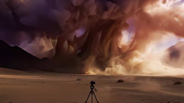 Massive Sandstorm Swirls Over Desert Landscape With Camera
