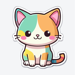 Obraz premium Adorable kawaii cat character sticker with charming patchwork fur, big shiny eyes, and a friendly expression, perfect for playful designs and digital art