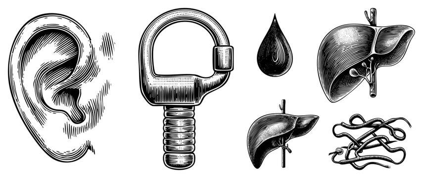 Detailed vector illustrations of human ear, liver anatomy, blood droplet, and parasitic worms, rendered in classic engraving style, ideal for educational or design use.