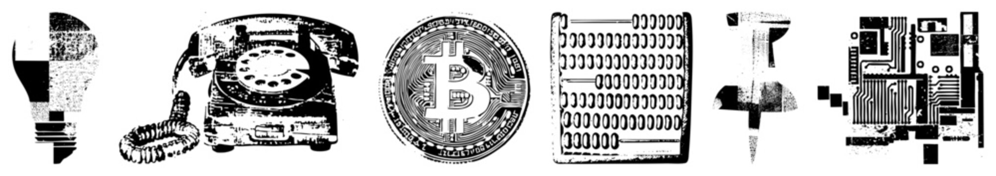 Retro rotary phone, digital Bitcoin symbol, abacus, circuit board, tech, vector set, digital finance and communication tools.
