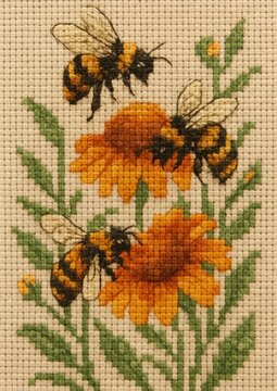 Bees pollinating vibrant flowers