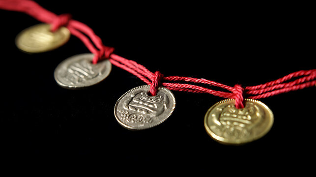 Close-up of a vibrant red string bracelet adorned with various metal charms, featuring shiny silver and golden coin-like pendants against a dark background
