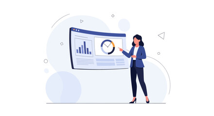 Businesswoman presenting data charts on a digital screen, modern flat illustration
