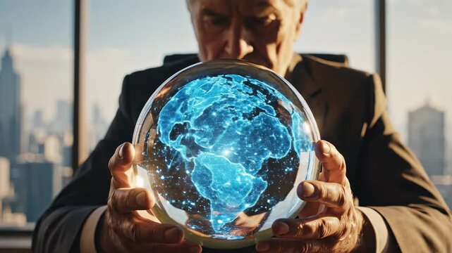 A senior man in a suit gazes into a glowing crystal ball depicting a digital world map