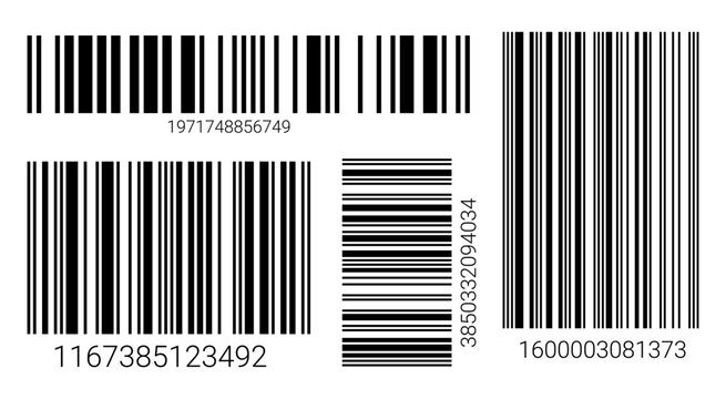 EAN-13 barcode label set with black lines on white background. Clean vector code design for product scanning, pricing, and retail inventory identification systems