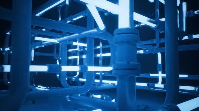 Abstract digital network of pipes with neon lighting in blue