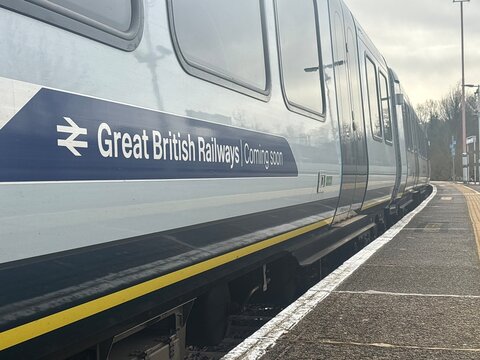SURREY, UK- MARCH 2026: Great British Railways branding on Surrey London commuter train - South Western Railways  