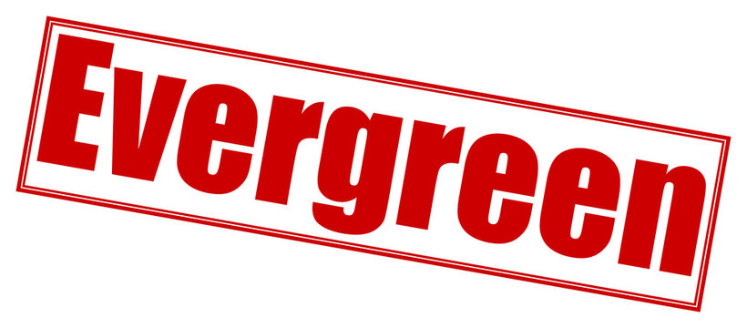 A red colored stamp with the word evergreen written in a bold and tilted block letter font style isolated on transparent background