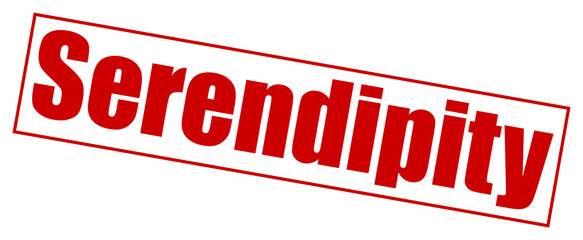 A bold red rubber stamp graphic displaying the word serendipity tilted at a slight upward angle...