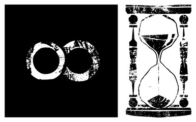 Fototapeta premium Distressed halftone infinity loop and ornate hourglass, vector graphics, retro texture, symbolic time and eternity motifs.