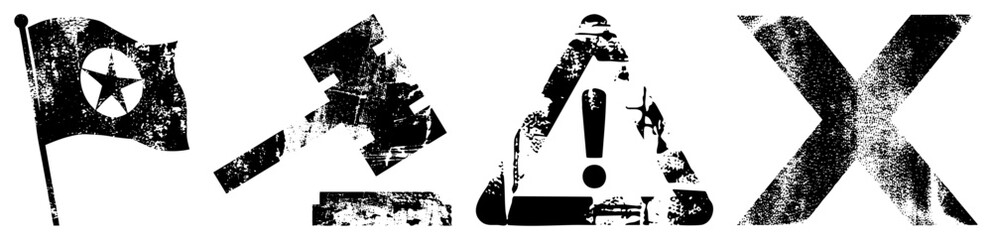 Fototapeta premium Distressed flag, hammer, warning sign, and letter X as political or caution symbols, gritty texture, vector.