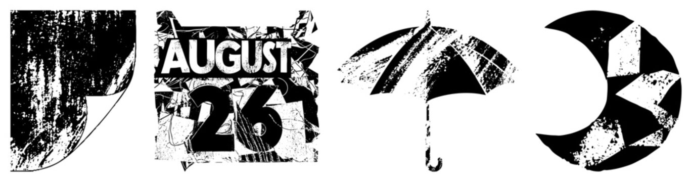 Calendar date "August 26" rendered in distressed typography, stylized including umbrella and moon, grunge design, abstract graphic elements.