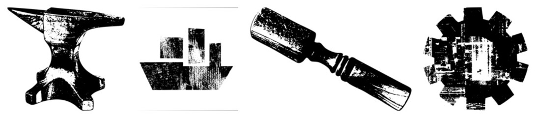 Fototapeta premium Black ink vector of tools anvil, mallet, gear, abstract blocks. Industrial, rustic, mechanical style. Perfect for engineering, craftsmanship, or graphic design.