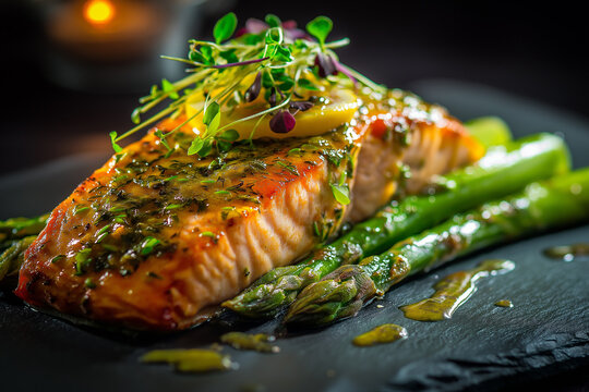 Beautifully plated gourmet salmon fillet with lemon herb butter, asparagus, and greens on a dark slate plate