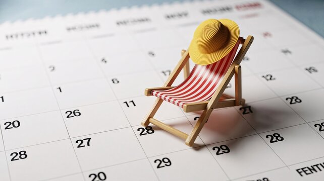 Miniature striped beach chair with a tiny yellow hat sits on a calendar page, symbolizing vacation.