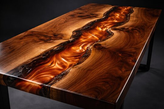 Artistic wooden epoxy river table with glowing resin design and natural wood texture