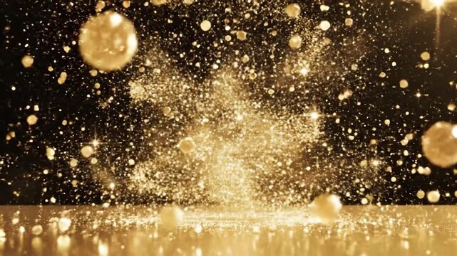 Golden glitter particles explode upwards creating a luxurious festive