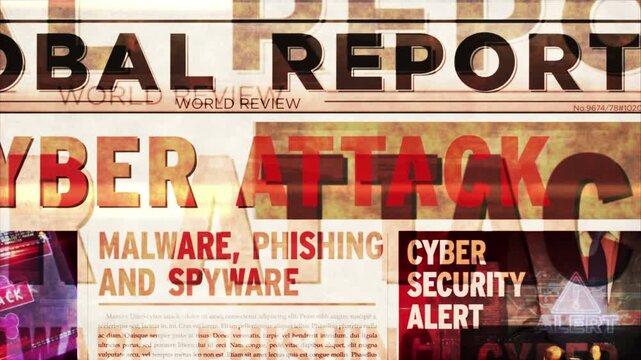 Cyber attack breaking news. Digital warfare and hybrid war title headline newspaper. Information media print glitch and noise animation.