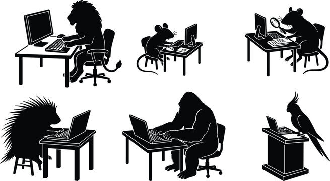 Funny animals working on computer silhouettes, lion mouse rat porcupine gorilla parrot typing laptop at desk office vector illustration set