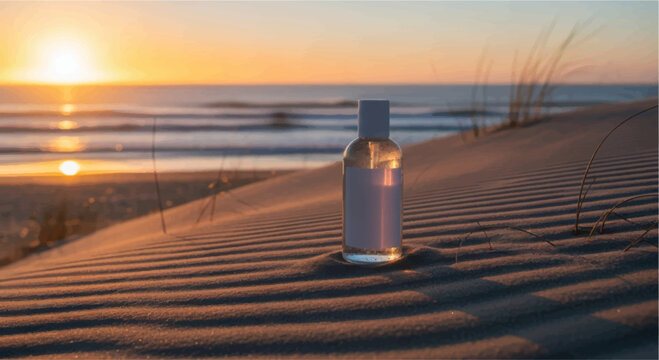A clear bottle sits on the sand as the sun sets over the ocean.