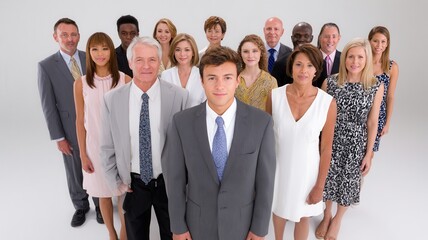 Obraz premium Diverse business team standing together, showing solidarity, collaboration, and various ages and ethnicities in a professional setting
