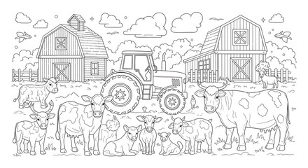 Fototapeta premium A detailed farm scene with a tractor, barns, cows, calves, fences, and fluffy clouds