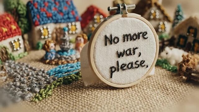 tiny embroidered village camera slides sideways and a small hoop flag displays message no more war please nostalgic handmade scene