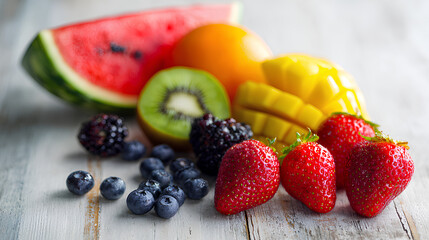 Obraz premium Colorful summer fruits with watermelon strawberries blueberries mango kiwi and oranges healthy lifestyle concept