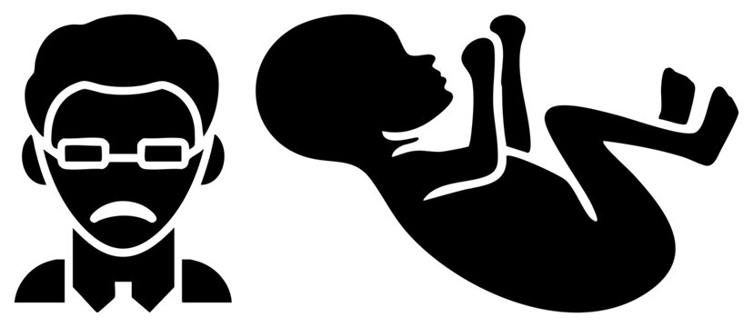 Parental silhouette with glasses and tie, fetal figure curled in womb, prenatal care, expectant father, gestation, family planning, reproductive health.