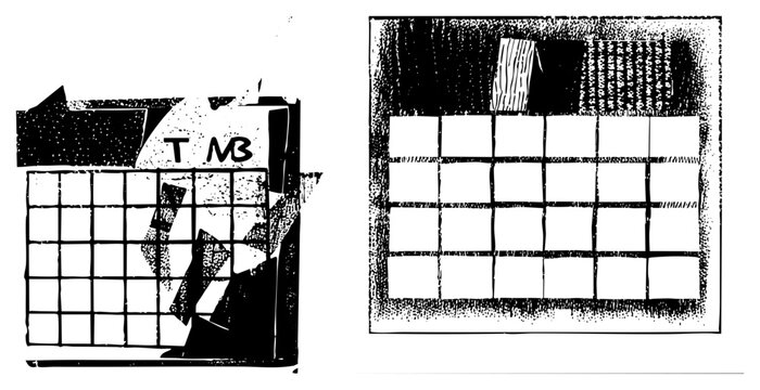 Stylized graphic featuring broken grid layout, fragmented typography &ldquo;TMB&rdquo;, halftone shading, geometric abstraction, vector art design.