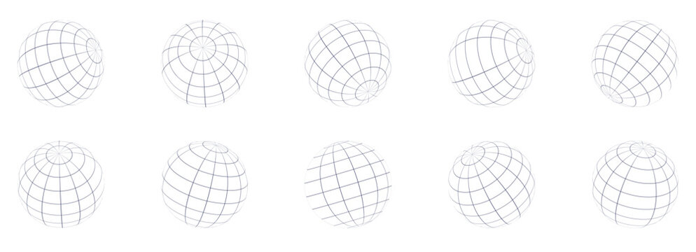 Globe grid spheres. Striped 3D spheres, geometry globe grid, Striped 3D orbs, Earth longitude and latitude line wireframe spheres, Earth globe hemispheres set. Geometry globe grid,