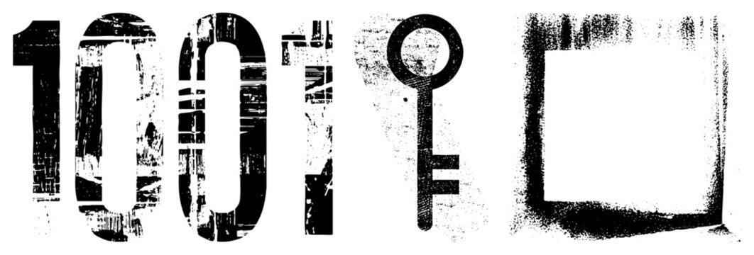 Distressed typographic number 1001, vintage key, retro graphic, halftone vector art, black and white glyph set, isolated digital symbols.