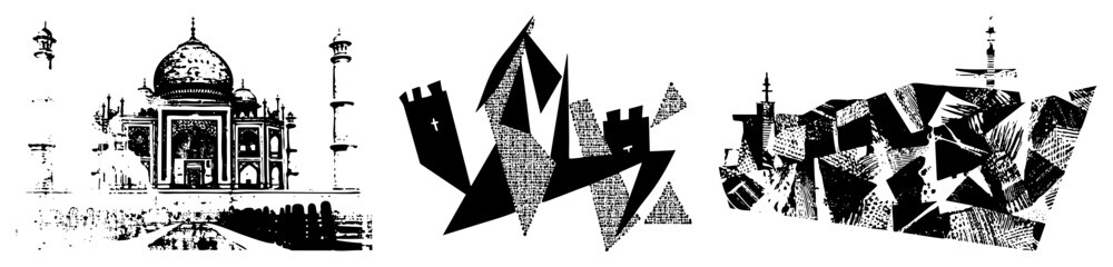 Obraz premium mausoleum reimagined as fragmented vector shapes, architectural silhouette, abstract art, black and white, halftone texture, modern graphic design, cultural landmark.