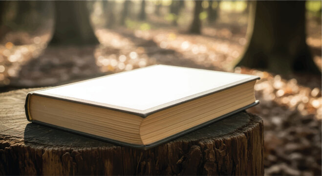An open book resting on a tree stump in a serene forest setting