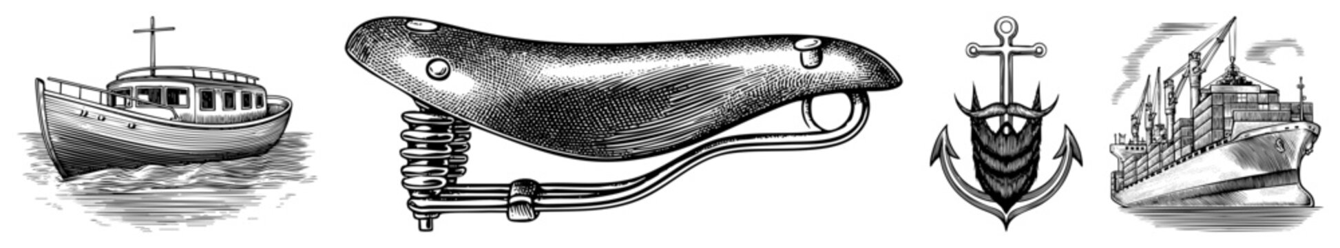 Nautical vector fishing boat, whalebone saddle, beard anchor, cargo ship. Black and white halftone with. Maritime motifs for design/branding.