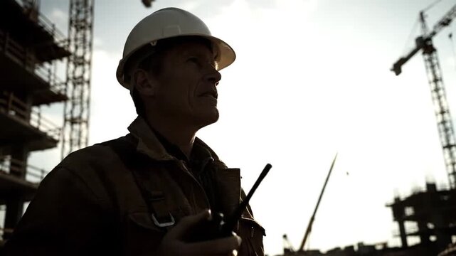 Construction worker silhouette communicating using walkie talkie on building site