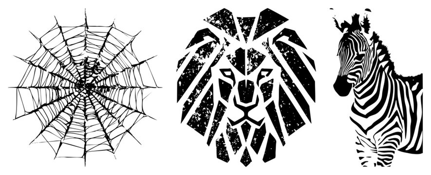 Stylized lion face with angular shapes, intricate spider web, zebra head with stripes, black and white vector graphics, isolated design elements.