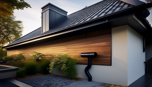 sleek black roof gutter and downpipe system seamlessly integrates into modern home s angular architecture accentuating clean lines and minimalist design aesthetic