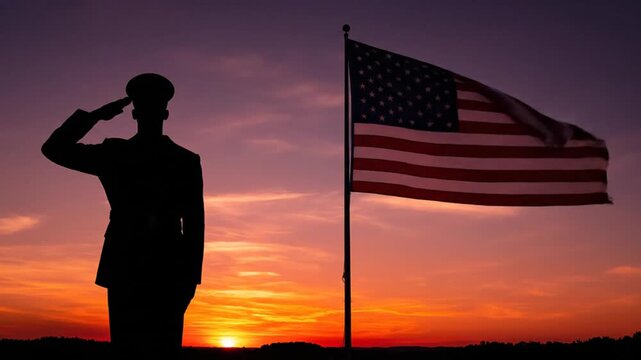 Silhouette of a person saluting an american flag at sunset