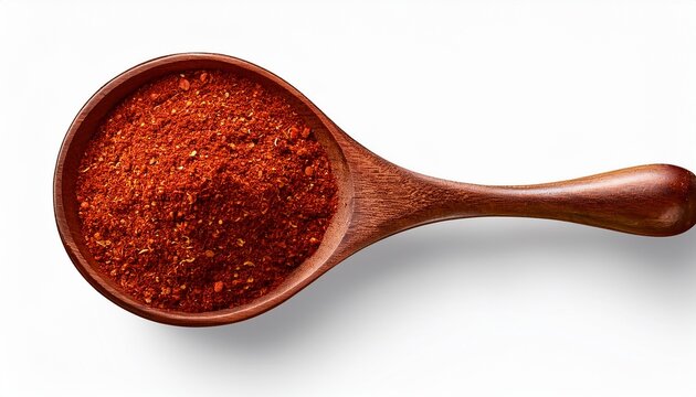 dry organic red chili pepper or kashmiri chili pepper powder in spoon cutout white background format top view
