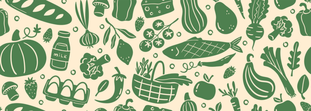 Seamless vector banner with linocut farmers market vegetables, fruits and organic products. Fresh food silhouettes on wide background for grocery store design. Healthy agricultural crops pattern