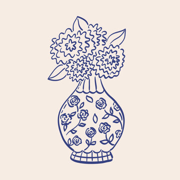 Quirky line art illustration of hydrangeas bouquet in porcelain vase with floral ornament. Hand-drawn sketch of abstract summer flowers. Vector graphic