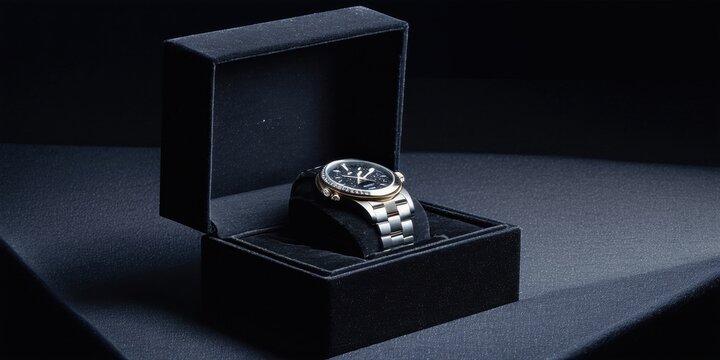 Luxury watch rests inside open black box. Dramatic lighting highlights metallic details, creating elegant presentation. Minimalist style.
