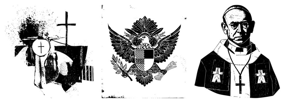 Black and white halftone illustration of clergyman, eagle, and communion elements, sacred symbols, religious art, spiritual.